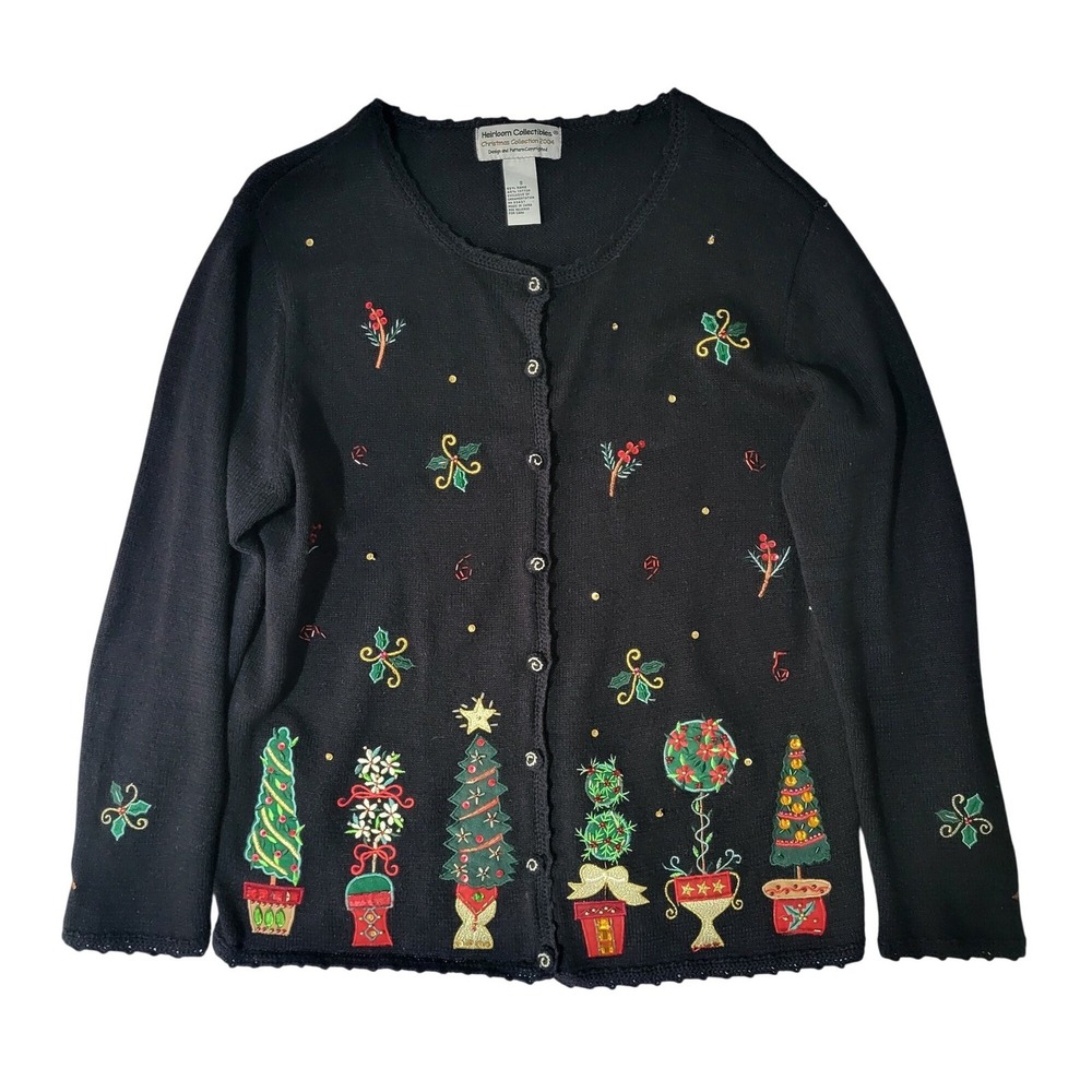 Vintage‎ Heirloom Collectibles Christmas Cardigan Sweater Small Holiday Topiary